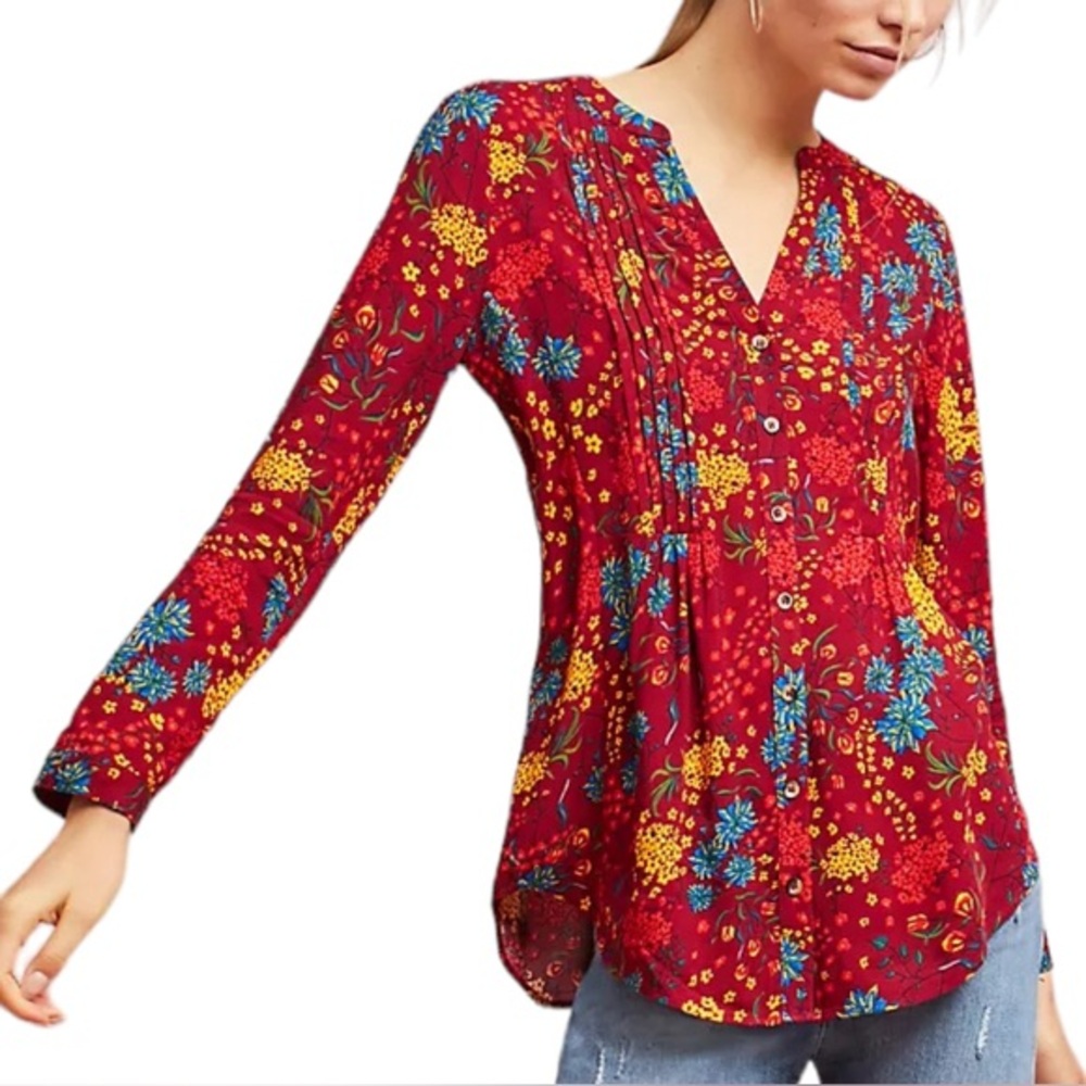 Anthropologie. Maeve Floral Pintuck Pleat Blouse. Size Small.